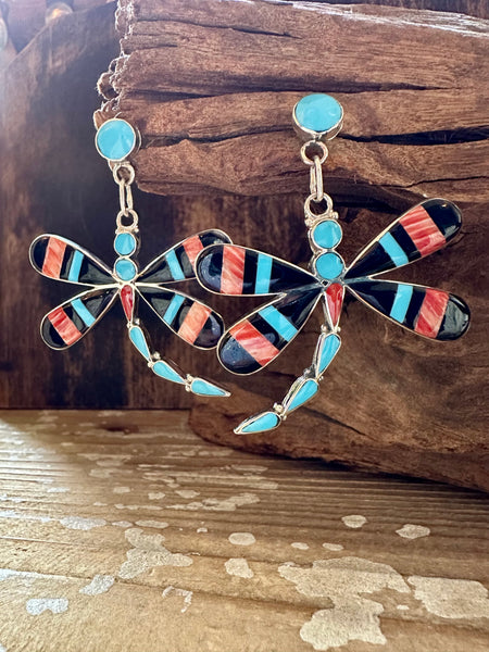 ZUNI DRAGONFLY Turquoise, Jet & Coral Inlay Silver Earrings