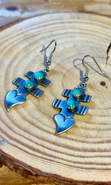 LAWRENCE ARCHULETA Silver & Turquoise Dangle Heart Earrings