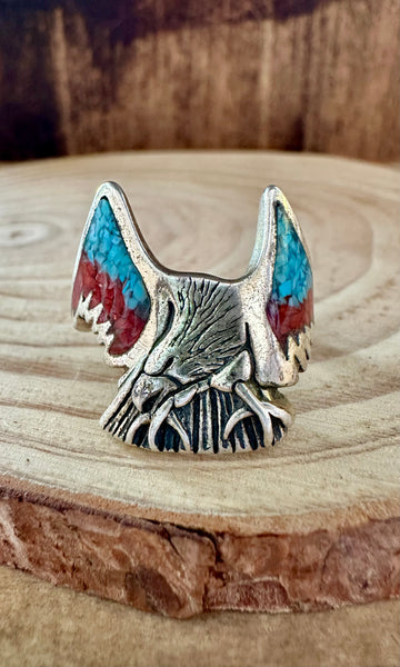 EAGLE LANDING Vintage Turquoise & Coral Silver Mens Ring • Size 9 1/4