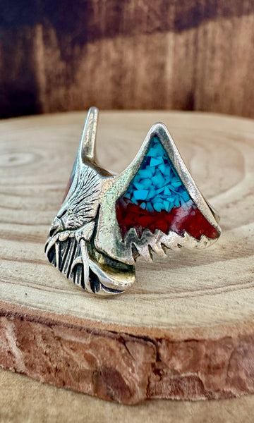 EAGLE LANDING Vintage Turquoise & Coral Silver Mens Ring • Size 9 1/4