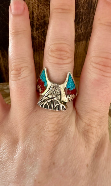 EAGLE LANDING Vintage Turquoise & Coral Silver Mens Ring • Size 9 1/4