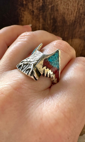 EAGLE LANDING Vintage Turquoise & Coral Silver Mens Ring • Size 9 1/4