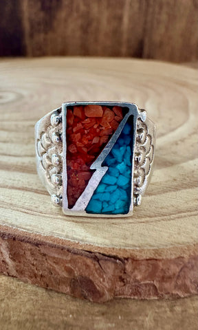 THUNDERSTRUCK Vintage Turquoise & Coral Silver Ring • Size 10 1/4 & 10 1/2