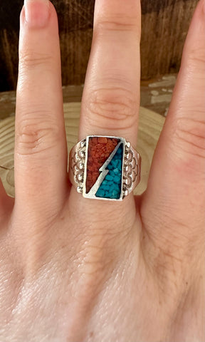 THUNDERSTRUCK Vintage Turquoise & Coral Sterling Silver Mens Ring • Multiple Sizes