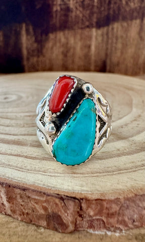 A STONES THROW Turquoise & Coral Sterling Silver Ring • Multiple Sizes