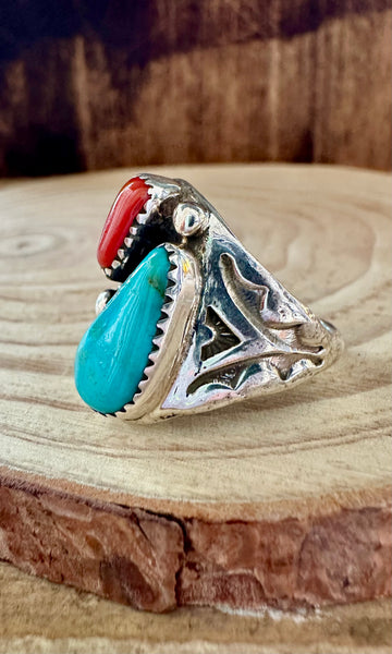 A STONES THROW Turquoise & Coral Sterling Silver Ring • Multiple Sizes