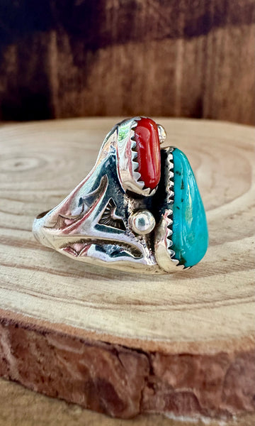 A STONES THROW Turquoise & Coral Sterling Silver Ring • Multiple Sizes