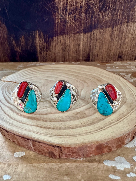 A STONES THROW Turquoise & Coral Sterling Silver Ring • Multiple Sizes