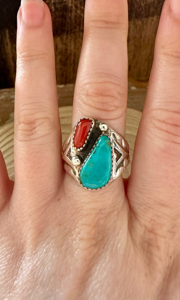 A STONES THROW Turquoise & Coral Sterling Silver Ring • Multiple Sizes