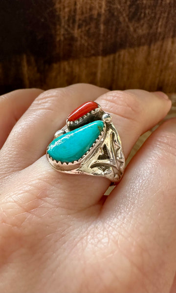 A STONES THROW Turquoise & Coral Sterling Silver Ring • Multiple Sizes