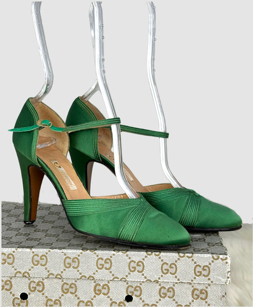 GUCCI 70s Green Satin Ankle Strap Shoes • Size 35 - 5