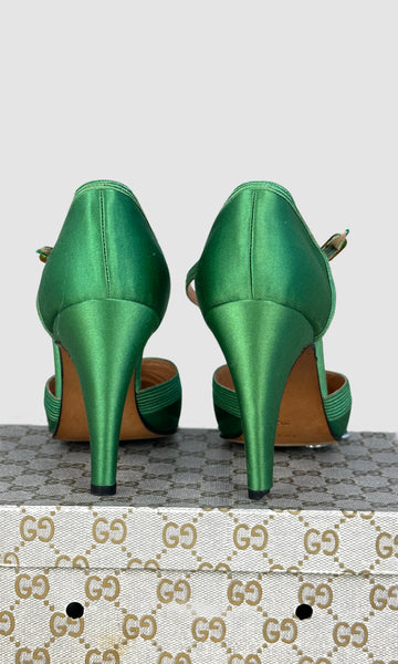 GUCCI 70s Green Satin Ankle Strap Shoes • Size 35 - 5