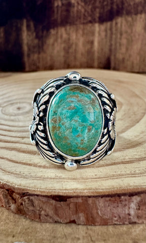 PROTECTED BY FLOWERS Silver & Turquoise Ring • Size 10 1/4