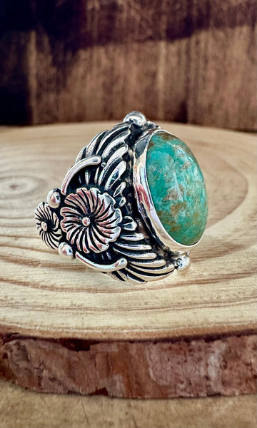 PROTECTED BY FLOWERS Silver & Turquoise Ring • Size 10 1/4