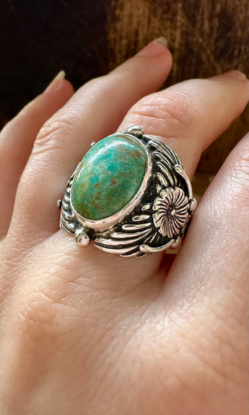 PROTECTED BY FLOWERS Silver & Turquoise Ring • Size 10 1/4