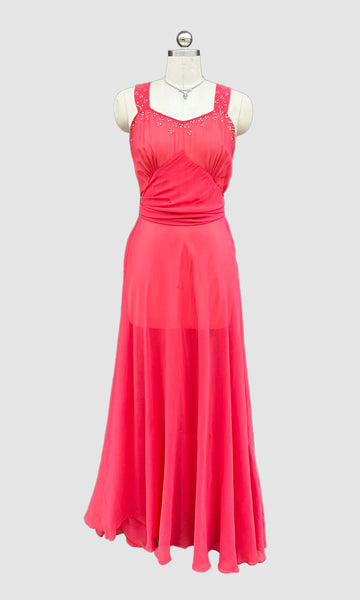 ART DECO 30s Bias Cut Chiffon Beaded Rhinestone Dress • Small (4)
