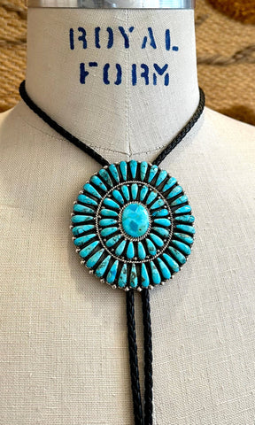 JULIANA WILLIAMS Turquoise Cluster Sterling Silver Bolo Tie w/ Leather Cord