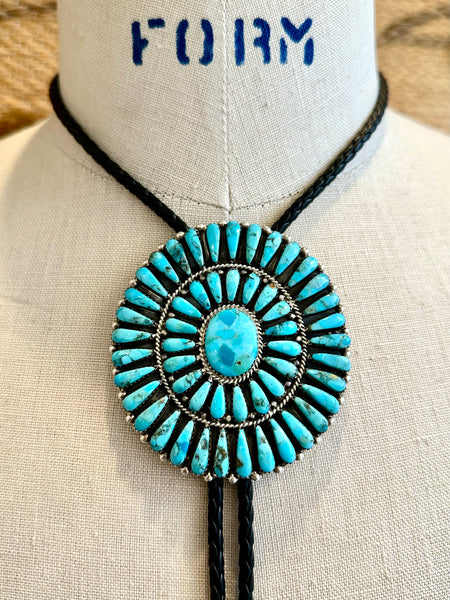 JULIANA WILLIAMS Turquoise Cluster Sterling Silver Bolo Tie w/ Leather Cord