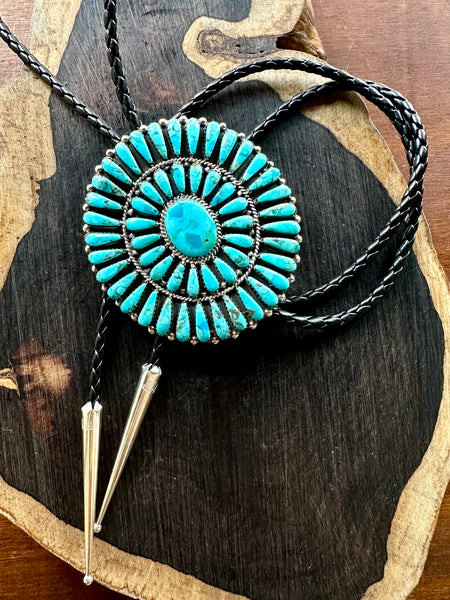 JULIANA WILLIAMS Turquoise Cluster Sterling Silver Bolo Tie w/ Leather Cord