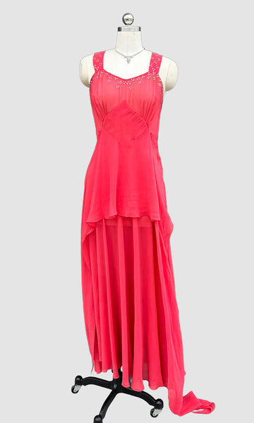 ART DECO 30s Bias Cut Chiffon Beaded Rhinestone Dress • Small (4)