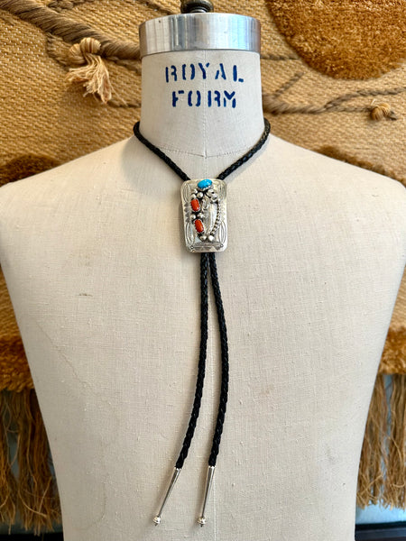 WILBUR MYERS Navajo Turquoise & Coral Sterling Silver Bolo Tie w/ Leather Cord