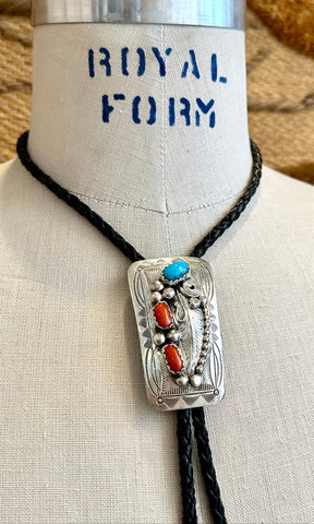 WILBUR MYERS Navajo Turquoise & Coral Sterling Silver Bolo Tie w/ Leather Cord