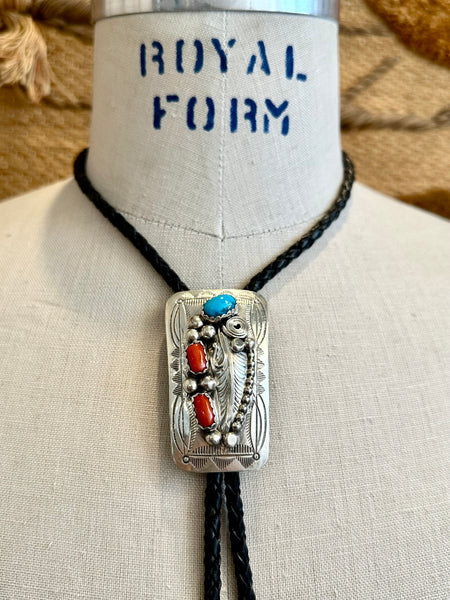 WILBUR MYERS Navajo Turquoise & Coral Sterling Silver Bolo Tie w/ Leather Cord