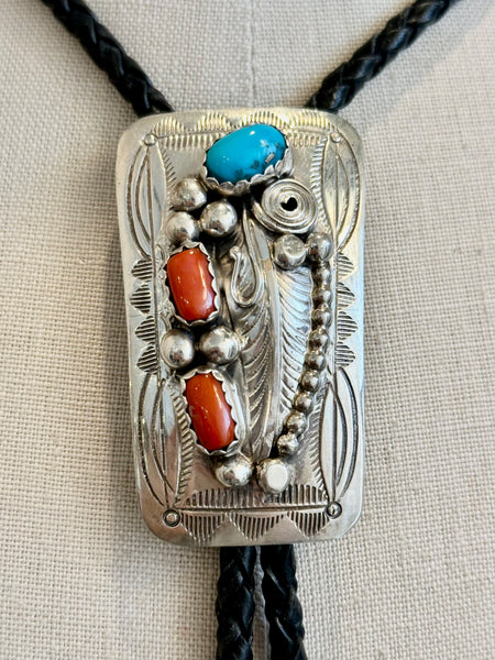 WILBUR MYERS Navajo Turquoise & Coral Sterling Silver Bolo Tie w/ Leather Cord