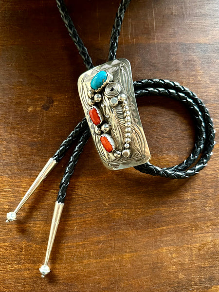 WILBUR MYERS Navajo Turquoise & Coral Sterling Silver Bolo Tie w/ Leather Cord