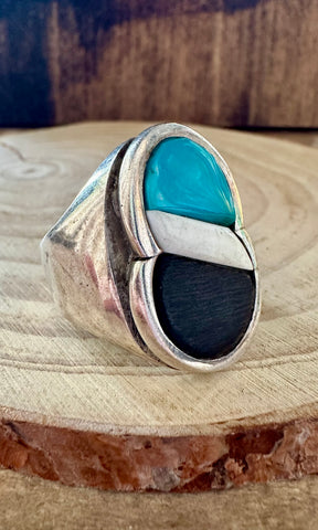 VINTAGE INFINITY Turquoise & Silver Inlay Mens Ring • Size 12