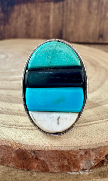 VINTAGE FOUR STACK Turquoise Onyx Silver Inlay Mens Ring • Size 9