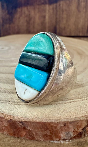 VINTAGE FOUR STACK Turquoise Onyx Silver Inlay Mens Ring • Size 9