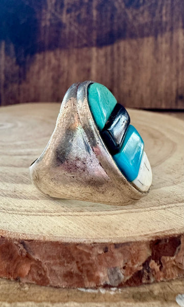 VINTAGE FOUR STACK Turquoise Onyx Silver Inlay Mens Ring • Size 9