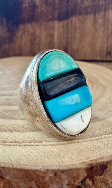 VINTAGE FOUR STACK Turquoise Onyx Silver Inlay Mens Ring • Size 9