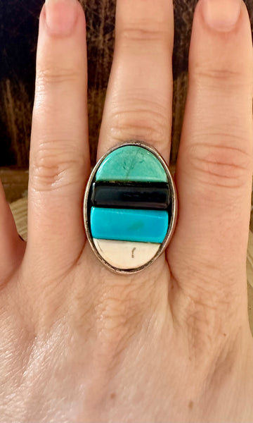 VINTAGE FOUR STACK Turquoise Onyx Silver Inlay Mens Ring • Size 9