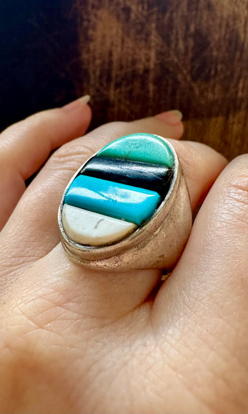 VINTAGE FOUR STACK Turquoise Onyx Silver Inlay Mens Ring • Size 9