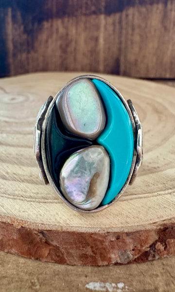 ABALONE COVE Vintage Turquoise Onyx Silver Inlay Mens Ring • Size 8 1/2