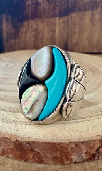 ABALONE COVE Vintage Turquoise Onyx Silver Inlay Mens Ring • Size 8 1/2