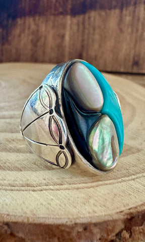 ABALONE COVE Vintage Turquoise Onyx Silver Inlay Mens Ring • Size 8 1/2