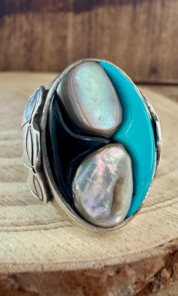 ABALONE COVE Vintage Turquoise Onyx Silver Inlay Mens Ring • Size 8 1/2