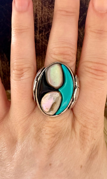 ABALONE COVE Vintage Turquoise Onyx Silver Inlay Mens Ring • Size 8 1/2