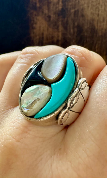 ABALONE COVE Vintage Turquoise Onyx Silver Inlay Mens Ring • Size 8 1/2