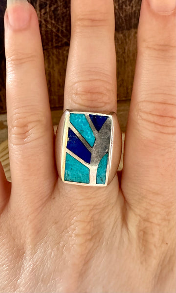 TURQUOISE SUN RAYS Lapis and Silver Ring • Size 10