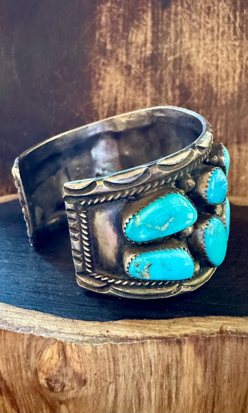 VINTAGE HEAVY METAL Navajo Turquoise Nugget and Sterling Silver Cuff Bracelet • 88g