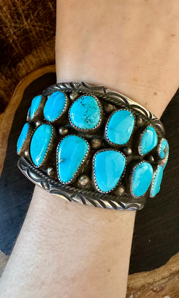 VINTAGE HEAVY METAL Navajo Turquoise Nugget and Sterling Silver Cuff Bracelet • 88g