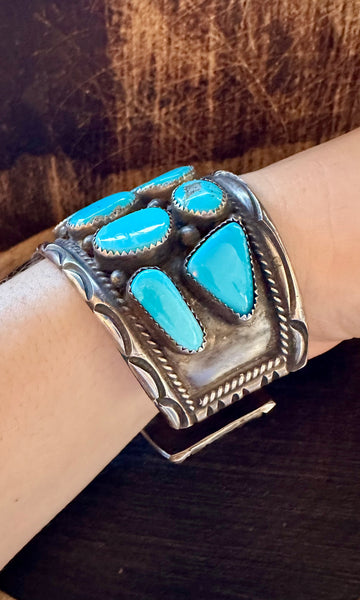 VINTAGE HEAVY METAL Navajo Turquoise Nugget and Sterling Silver Cuff Bracelet • 88g