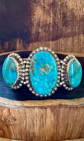 THREE CHARMED TURQUOISE and Sterling Silver Cuff • 44g