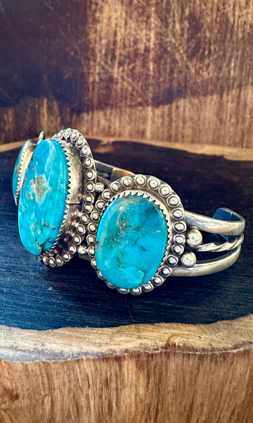 THREE CHARMED TURQUOISE and Sterling Silver Cuff • 44g