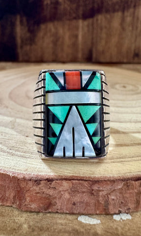 VINTAGE INLAY Mens Turquoise Abalone Coral Jet Silver Ring • Size 11