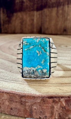 ARTIC Small Square Sterling Silver & Turquoise Mens Ring • Size 10